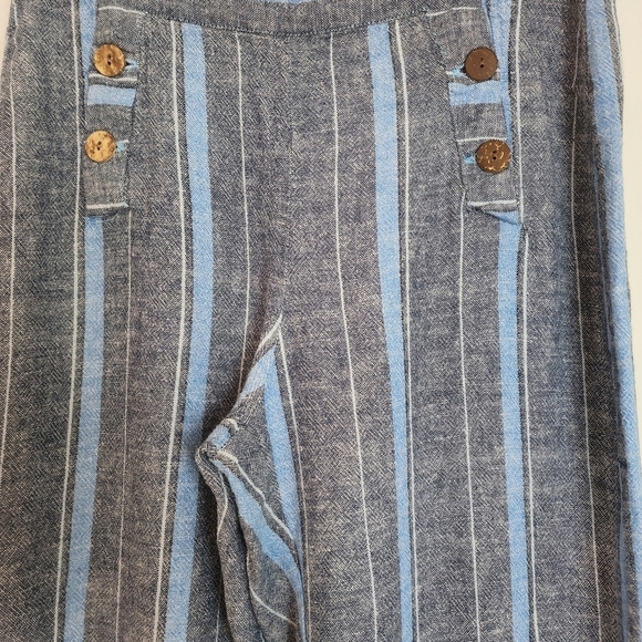 Indigo Rein Blue Striped Linen Flat Front Six Button Distressed Hem Pants Size 7 - Picture 3 of 8